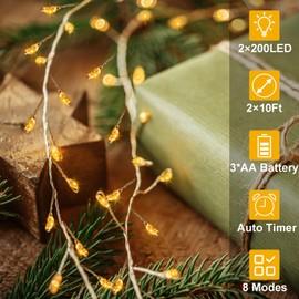 2 Pack Cluster Fairy Lights Battery Operated, Total 20Ft 400 LED Fairy Lights with Timer Silver Wire Firecracker String Lights Outdoor Waterproof for Bedroom Wedding Outdoor Decor (Warm White)