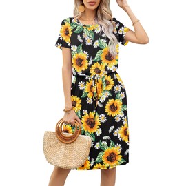 levaca Womens 2024 Summer Sunflower Tropical Floral Print Hide Belly Tummy Casual Midi Knee Length Dress with Side Split Black S