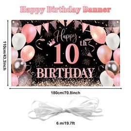 10th Birthday Backdrop Banner,BTZO Happy 10th Birthday Decorations,Rose Gold Black Fabric Photo Backdrop Background for Boys and Girls 10th Birthday Party,180×110cm
