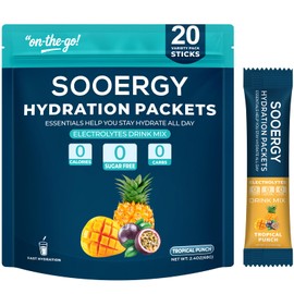Sooergy Electrolytes Powder Packets Sugar Free Hydration Packets, Liquid Daily IV Electrolyte Drink Mix for Rehydration with Electrolytes, Vitamins, 0 Calorie, Tropical Punch Flavor 20 Sticks