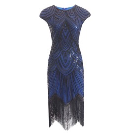 Letter Love Women 1920s Vintage Flapper Fringe Beaded Gatsby Party Dress With 20s Accessories Set (L, Black Blue)