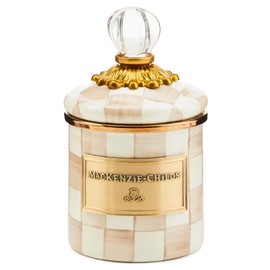 MACKENZIE-CHILDS Mini Enamel Canister, Kitchen Storage Container with Lid, Brown-and-White Mocha Check