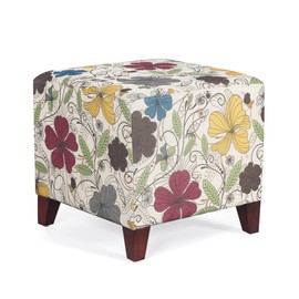 Adeco Floral Printed Linen Cube Ottoman Footstool,Square Foot Rest Stools Coffee Table,Square Seat with Wooden Legs for Living Room, Couch, Desk (Floral Printed)