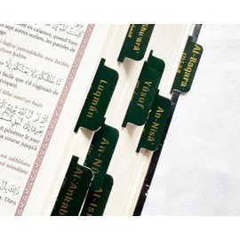 Quran tabs in Arabic and English Translation (120 pcs of 1.5 * 1.5 ")| Muslim Prayer and Islamic Book Study Accessory | Phonetic Transliteration mushaf with Surah Guide | Ramadan, Eid, Islam Gifts