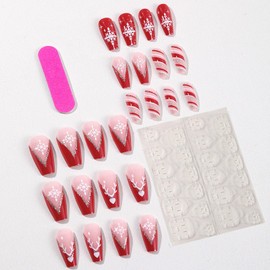 Christmas Press on Nails Medium Coffin Fake Nails with White Snowflake Elk Designs Red French Tip Nails Press ons Glossy Glue on Nails Nude False Nails Artificial Stick on Nails for Women 24Pcs