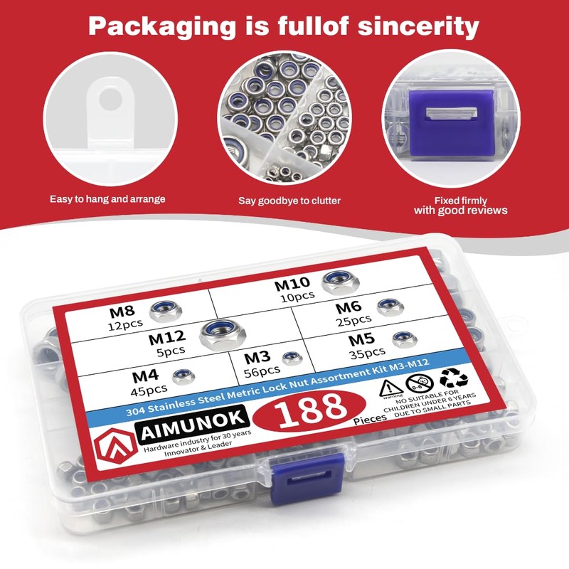 188pcs 304 Stainless Steel Lock Nut Assortment Kit Perfect for