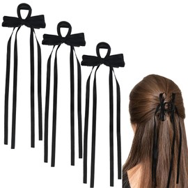 Ondder 3 Pcs Black Hair Bows for Women Satin Bow Hair Clips Long Tail Bows for Hair Big Hair Bows Hair Clip Barrettes Ribbon Bows for Hair Satin Bow Aesthetic Hair Accessories for Women Girls