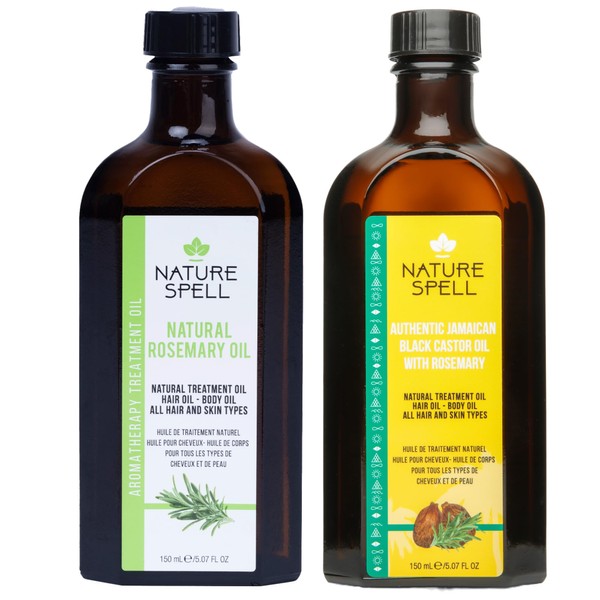 Nature Spell Rosemary Oil for Hair Growth Duo 150ml x2 – Treats Dry and Damaged Hair – Rosemary Oil Fusion Duo Pre-Diluted with Almond Oil and Castor Oil – Body Oils for Dry Skin