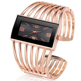 Women Luxury Cuff Bracelet Rectangular Dial Hollow Analog Quartz Wrist Watch for Ladies (Rose Gold)
