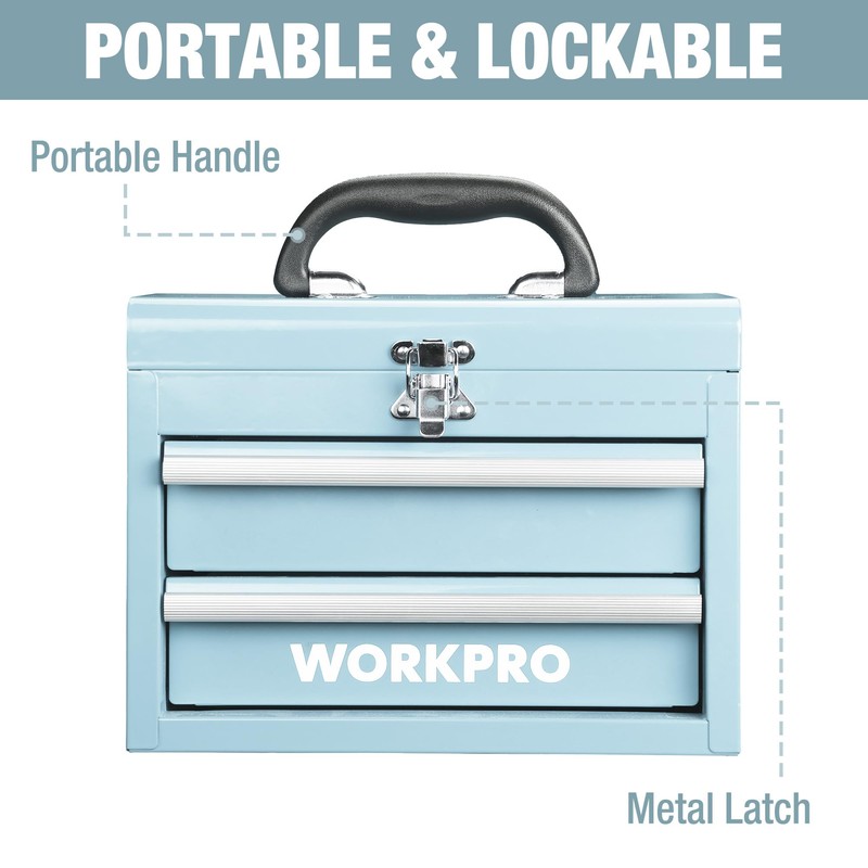 WORKPRO Portable Mini Tool Box, 2 Drawers Metal Tool Chest