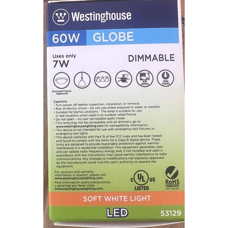 Westinghouse G16.5 7w Dimmable Led 60w Equivalent Medium Base Light
