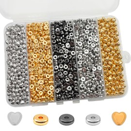 6mm Flat Round Spacer Beads, Clay Beads for Bracelets Making Kit, Heishi Polymer Flat Disc Spacer Beads for Jewelry Making, Clay Beads for Jewelry Making Gold Beads Silver (1600pcs(400Heart))