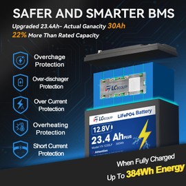 12V 23.4AH (30A BMS) Plus Lifepo4 Lithium Battery With 30A BMS, Lifepo4 Battery 4000+Deep Cycles Perfect for Trolling Motor,Kids Scooters,Power Wheel Chair,Boat,RV,Fish Finder etc