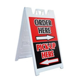 A-Frame Sidewalk Order Here Pick Up Here with Arrows 24" x 36" Double Sided A-Frame Sidewalk Sign, Includes 2 Plastic Inserts | Foldable Portable White Signicade Sandwich Board Signs