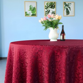 WedDecor 90" Round Damask Tablecloth Scrolled Leaves Pattern Seamless Circular Linen Table Cover For Restaurant, Dining, Weddings & Events Table Decorations, Red, 1pc