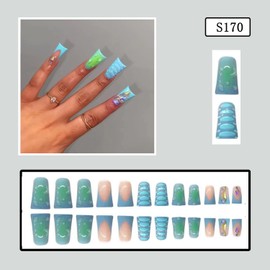 Press on Nails Duck Shaped Glossy Full Cover Medium Acrylic Duck Blue False Nails with Rhinestone Designs Artificial Duck Fake Nails with Charms Glue ons Nails Stick on Fingernails for Women Girls