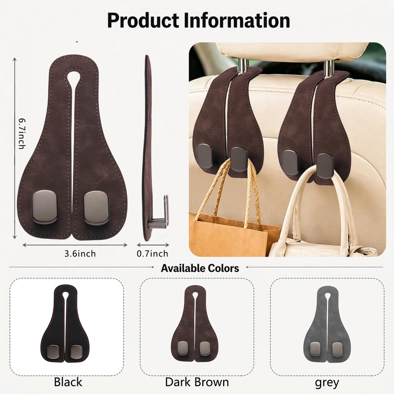 Car Seat Headrest Hook 2 Pack, Upgraded Metal Core with