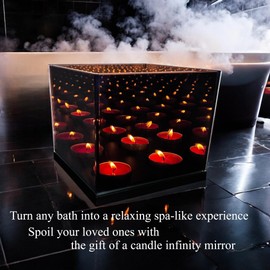 Infinity Mirror Tea Light Candle Holder Slot with Electric Flameless Compatible Design - Glass Reflective Centerpiece with Wooden Base for Events & Weddings - Decorative Votive Light Box (4)