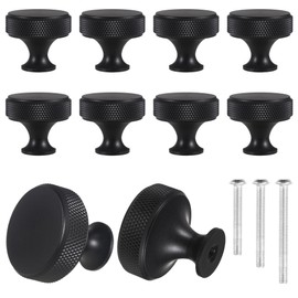 worahroe 10 Pcs Cabinet Knobs Black Matte Metal Round Knurled Wardrobe Knobs, Aluminum Alloy Kitchen Hardware Cupboard Knobs with 3 Size Screws Handles for Drawer Dresser and Wardrobe