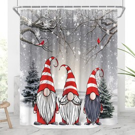 JONSEQIN Merry Christmas Shower Curtain Funny Gnomes Winter Holiday Gray Farmhouse Animals Rustic Green Leaves Pine Branch Fir Tree Forest New Year Bathroom Decor Curtains 70x70 inch with Hook