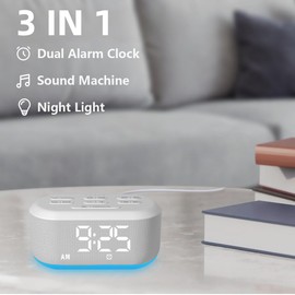 Plug in Sound Machine with Alarm Clock for Bedrooms 30 Soothing Sound White Noise Machine Dual Alarms for Sleep Loud Bedside Desk Clock for Kids Adult 15 Wake up Sounds 12 Night Light Memory Function