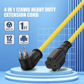 LBSC Heavy-Duty 20 Amp Extension Cord - 12AWG, 1FT NEMA 5-15P to 5-20R/6-15R/6-20R Adapter Cable, 15A/125V Male to 20A/250V Female T-Blade Right-Angle Plug Power Cord for Home & Workshop
