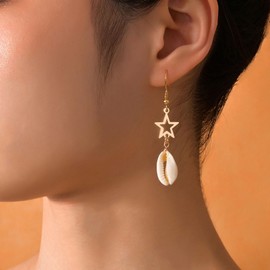 Boho Cowrie Shell Earrings Gold Beach Shell Earrings Pearl Shell Hoop Earrings Shell Drop Earrings White Shell Huggie Hoop Earrings Shell Dangle Charm Hoop Earrings for Women Girls