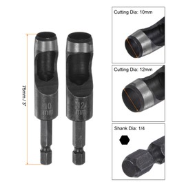 sourcing map 2pcs 10mm,12mm Leather Hollow Hole Punch 1/4" Hex Shank for Drills, Belt Hole Punch Punching Cutter Tool for Leathercraft Working