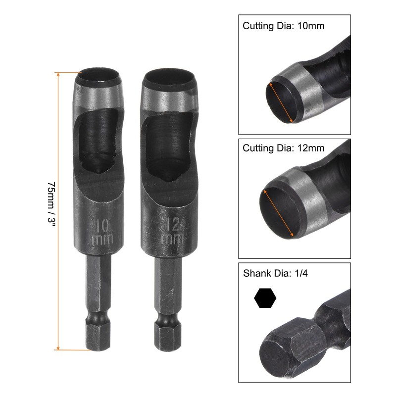 sourcing map 2pcs 10mm,12mm Leather Hollow Hole Punch 1/4" Hex