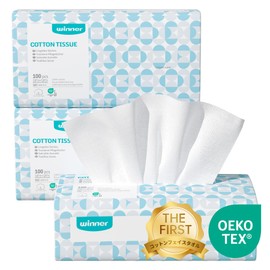 Winner Face Towels, Cleansing Towels, OEKO-TEX® Certified, 300 Sheets (100 Sheets x 3 Packs), Natural Cotton, For Wiping, Facial Paper, No Fluff, Disposable, Hand Wipe, Face Wipe, Makeup Remover, For