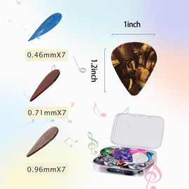 21 Pack Guitar Picks with Organizer Storage Box, 3 Different Thickness Colorful Celluloid Guitar Picks Plectrums for Acoustic Guitar, Electric Guitar, Bass, Ukulele