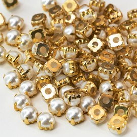 Sew on Semicircular Pearl for Wedding Dresses, 200 Pcs 8mm Flatback Rhinestones with Prong Setting, Round Sew-on Gems with Hole for DIY Bridal Gowns, Shoes, Costumes, Crafts (Gold Pearl)