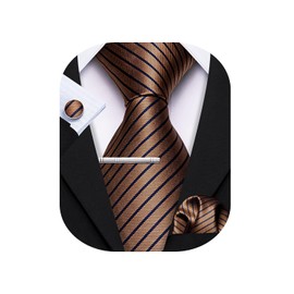 Barry.Wang Men's Silk Business Ties with Handkerchief, Cufflink Stripes Plaid Tie Set, Celebration Wedding, coffee