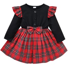 AGQT Toddler Baby Girls Christmas Buffalo Plaid Ruffle Long Sleeve Tulle Lace Skirt Tutu Dress Princess Outfits Red Plaid Black Mesh Skirt Outfits Overall Fall Winter 4-5 Years
