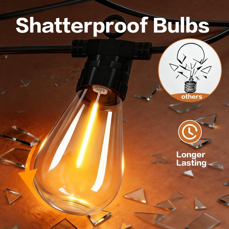 BYIZO 50FT Outdoor String Lights with Remote, 20 Dimmable Shatterproof