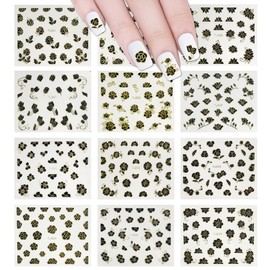 ALLYDREW 12 Sheets Black Flower with Gold Trim Nail Stickers Nail Art