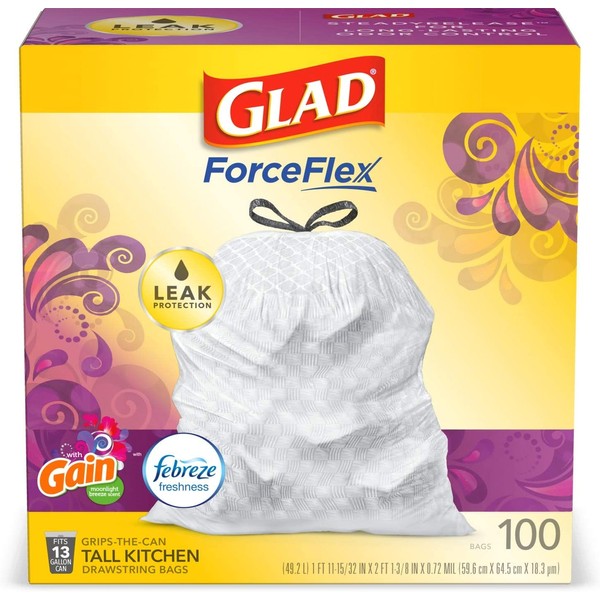 Glad ForceFlex Tall Kitchen Drawstring Trash Bags 13 Gallon White Trash Bag, Gain Moonlight Breeze scent with Febreze Freshness 100 Count (Package May Vary)