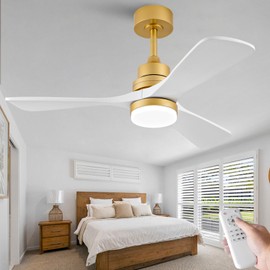 BOJUE 42 Inch Wood Ceiling Fans with Lights and Remote, White Gold Outdoor Ceiling Fan with Light, Dimmable 3 Blades Outdoor Fans for Patios Noiseless Modern Ceiling Fans for Bedroom Living Room