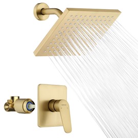 Lavatrum Gold Shower Head and Valve Set Single Spray Premium Wall Mount 8 Inch Rainfall Squre 1 Handle Shower Faucet with Rough-in Valves and Knob Kit for Bathroom Mixer （1.8GPM)