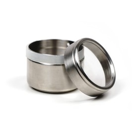 RSVP International Endurance Collection Small Stackable Metal Tins with Clear Lids, Brushed Stainless Steel, Regular, 2-1/2" Diameter, 2" Tall, 4 Fl Oz Capacity