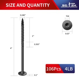 SG TZH #14 x 4 Inch Outdoor Structural Wood Deck Screws (106Pcs/4lb), Carbon Steel, Black, Flat Head, Rust Resistant Epoxy Coated, T30 Star Bit