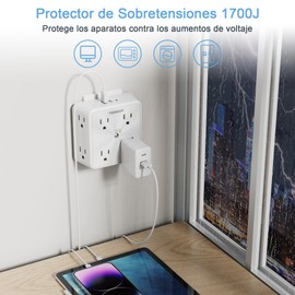 TESSAN Regleta Multicontacto Pared, 1700J Protector de Sobretensiones con 8 Enchufes de CA y 3 USB (1 USB C), Conector Multiple 3-Sided Plug, para Uso de Oficina, Hogar, Viaje Accesorios, Puro Blanco