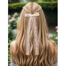 XFYUZR White Lace Tulle Hair Bows with Long Tail Ribbons, Metal Bowknot and Tassel Barrettes for Women