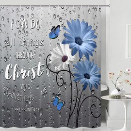 Farmhouse Teal Floral Shower Curtain, Inspirational Quote Green Grey Bath Curtains, Rustic Botanical Floral Bathroom Curtain with Hooks