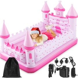 Relaxgiant Pink Castle Inflatable Kids Bed, Toddler Travel Bed with Safety Bumper and Air Mattress Portable Air Mattress with Pump for Vacation Hotel Home Sleepover Kids Birthday Gift