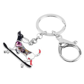 Enamel Alloy Rhinestone Skateboard Dachshund Dog Keychain Jewelry for Women Girls Bag Wallet Charm, black