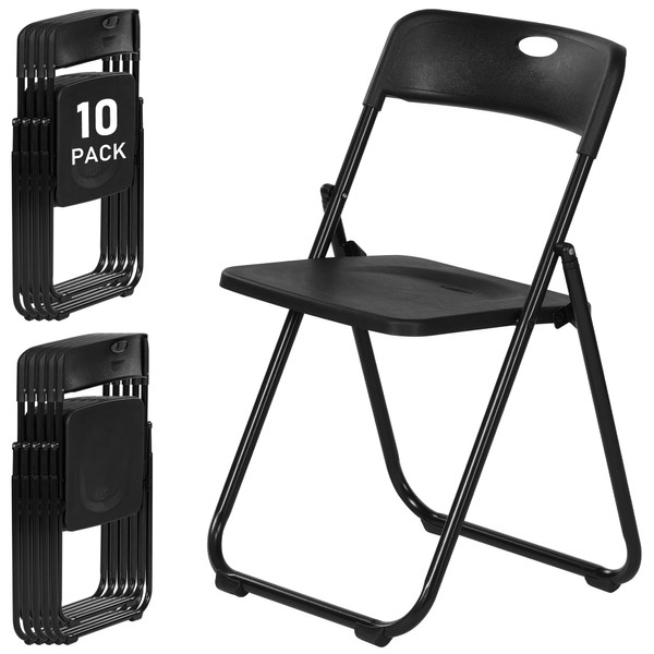 LING RONG Black Plastic Folding Chairs 10 Pack, Lightweight Foldable