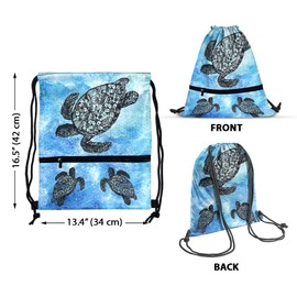 WIRESTER Drawstring String Bag Sackpack with Zipper Pocket, Foldable Sports Gym Yoga Shopping Beach Travel Bag for Men Women - Ocean Sea Turtles