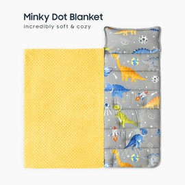 Wake In Cloud - Toddler Nap Mat with Pillow and Minky Fleece Blanket, for Kids Boys in Daycare Preschool Kindergarten, Roll Up Sleeping Bag, Dinosaur Astronauts Rocket Space, Gray, Standard