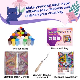 veirousa Colorful Cat Latch Hook Kits for Adults Beginners, Cute Animals Latch Hook Pillow Kit Pre-Printed Latch Hook Rug Kits Cross-Stitch Embroidery Cushion for Home Sofa Decoration 17x17 in.